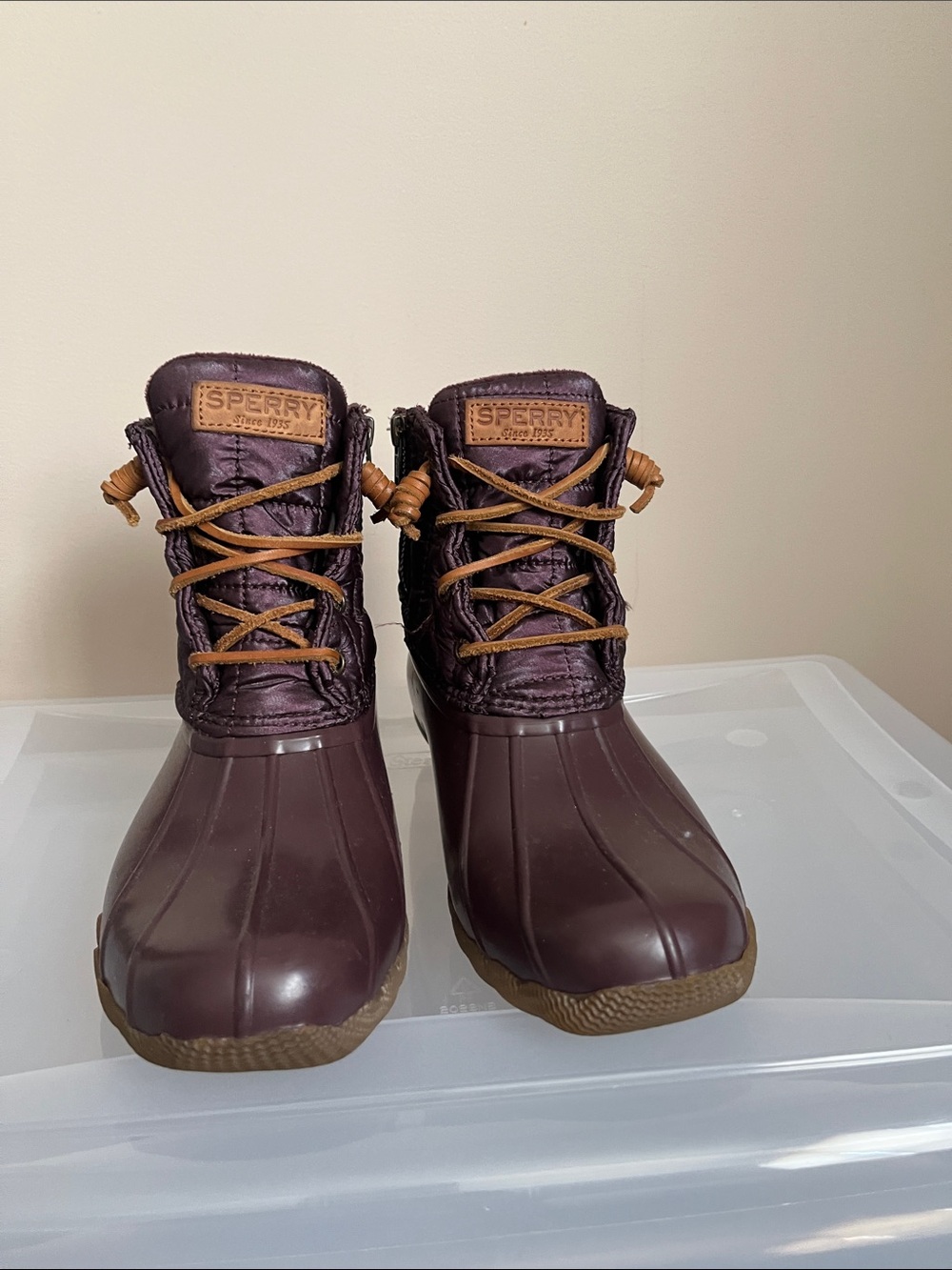Sperry Kids Waterproof Maroon Duck Boots with Tan Laces